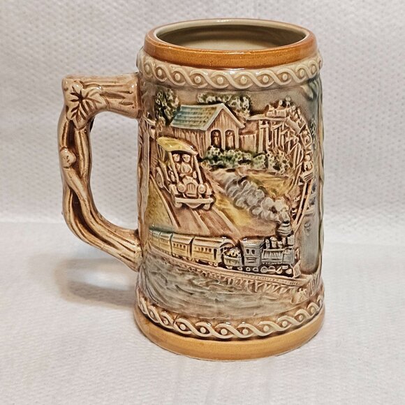 Vtg Six Flags Beer Stein Mug Log Flume Train & Car 3D Embossed Design Japan - Picture 3 of 12
